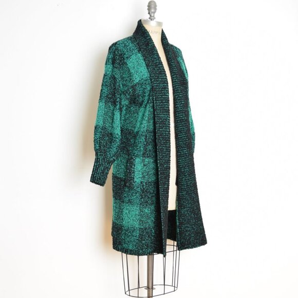 vintage 80s cardigan sweater coat green black buffalo plaid chunky oversized - Picture 1 of 9